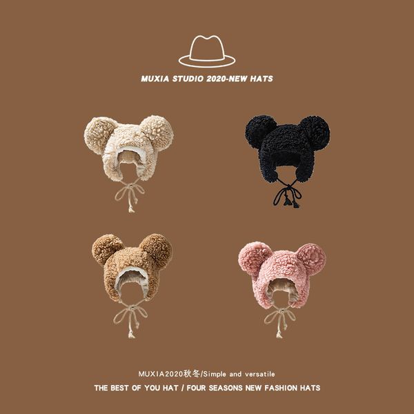

net red big plush children's autumn winter fashion sweet lovely headg ear protection hat versatile warm style, Black;white
