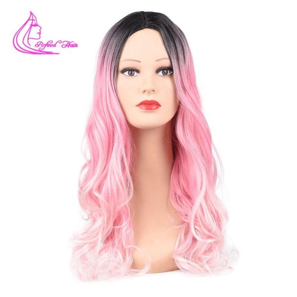 

synthetic wigs long body wave ombre black pink brown heat resistant fiber middle part natural for africa woman