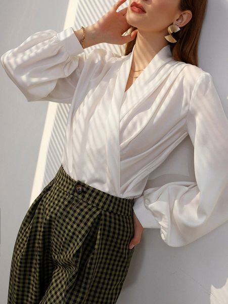 

surplice front lantern sleeve blouse o6zi#, White