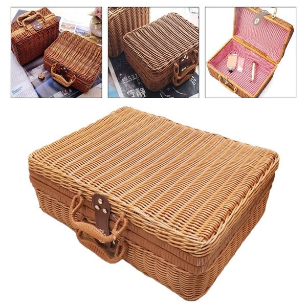 

storage baskets wicker box 1pc country style with double handle outdoor picnic lock woven organizer look strap rattan suitcase