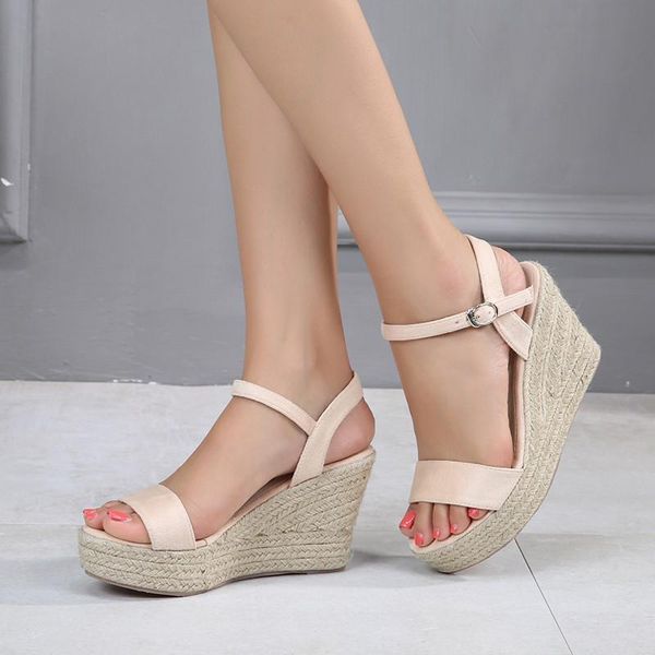 

velvet shoes high heel sandal for women anti-skid suit female beige all-match buckle strap clogs wedge 2021 summer large size su dress, Black