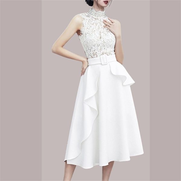 

women's wear 2021 style celebrity fashion lace round neck waist sleeveless new large swing french dress, Black;white