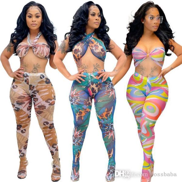 

summer women two piece set mesh crop perspective screen printed nightclub style bra strap fashion women's wear, White
