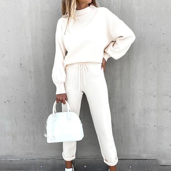 

women's two piece pants autumn solid tracksuit women casual loose high neck pullovers and long pieces set fashion female sweatshirt sui, White