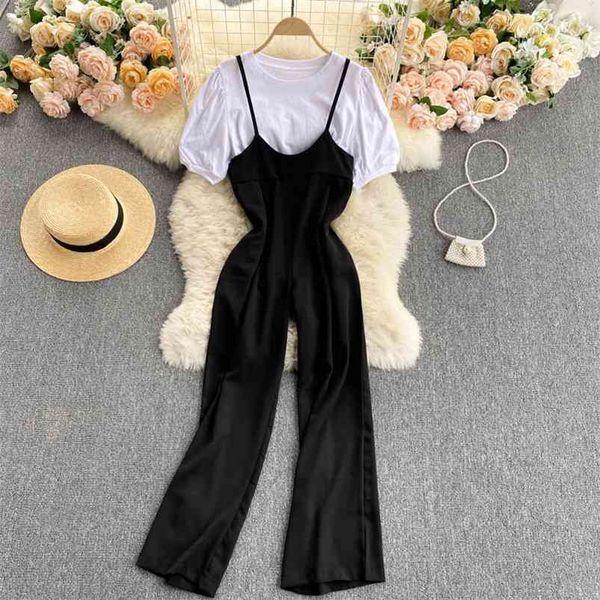 

suit female retro chic age reduction sling jumpsuit wild short-sleeved t-shirt college style two-piece gk612 210507, White