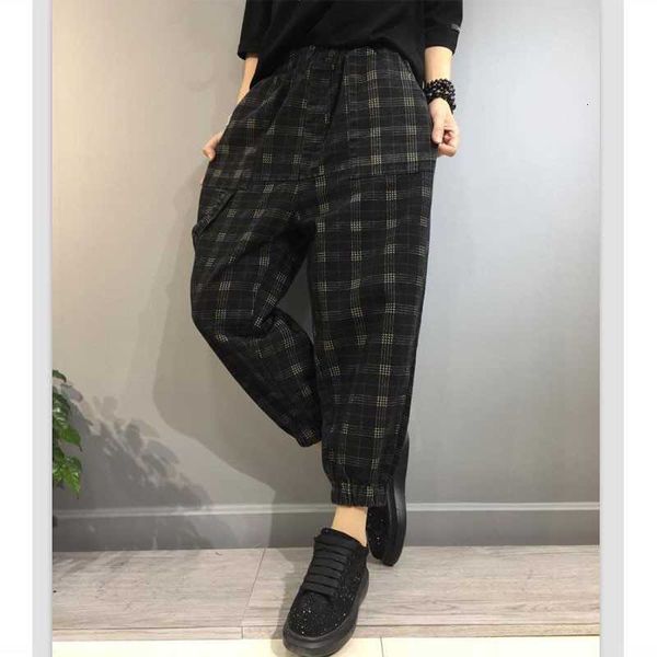 

women's jumpsuits & rompers spring autumn arts style women elastic waist loose casual pants vintage plaid cotton harem plus size v59 g0, Black;white
