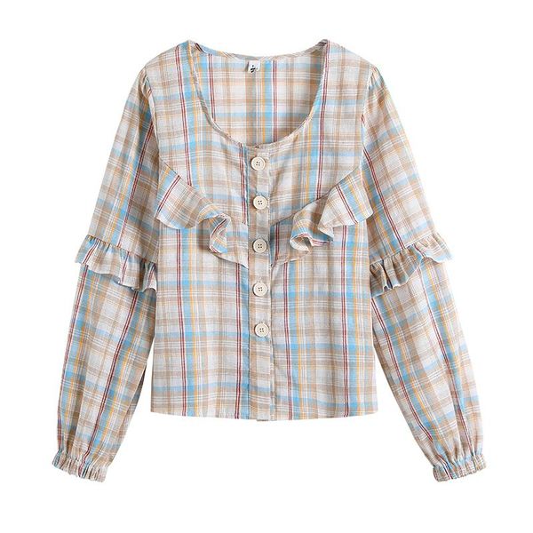 

plaid french blouse women spring and autumn 2021 loose long-sleeved shirt women's ruffle blouses & shirts, White