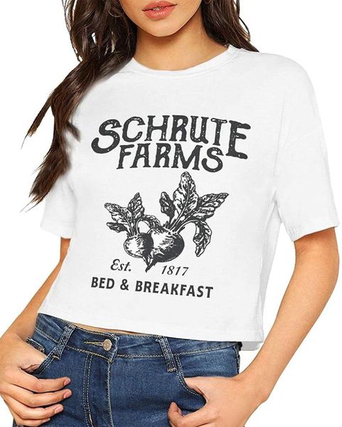 

women's schrute farms t-shirt exposed navel cute short sleeve t shirts, White