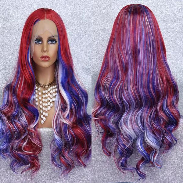

synthetic wigs mix red bluelong fashion colorful silky straight washable costume cosplay hair 13*4 lace front wig for women babyhair, Black