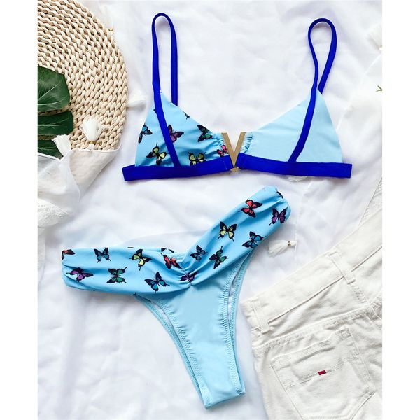 

butterfly print v bra bikini female swimsuit women swimwear two-pieces bikini set mid waist bather bathing suit swim k2499