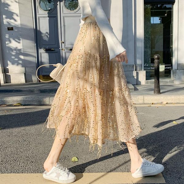

skirts women 2021 summer elegant fairy female sequins tassel glitter gauze skirt ladies casual a-line mesh v107, Black