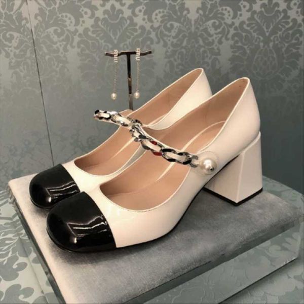 

dress shoes pump women brand heels square toe ladies zapatos de mujer shallow pearl chain spring autumn, Black