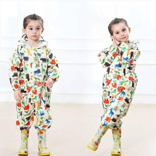 

kids raincoat jumpsuit waterproof cartoon children rainwear for baby boys girls 2 7 years hooded rain pants overalls clj418, Blue