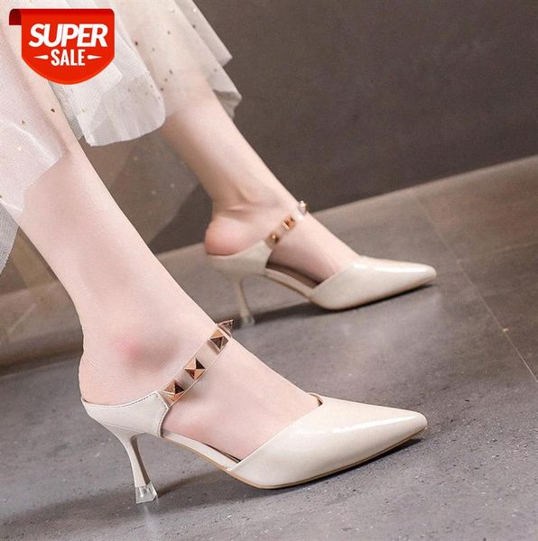

baotou half slippers women sandals and fashion stiletto rivet pointed high-heeled #qu98, Black