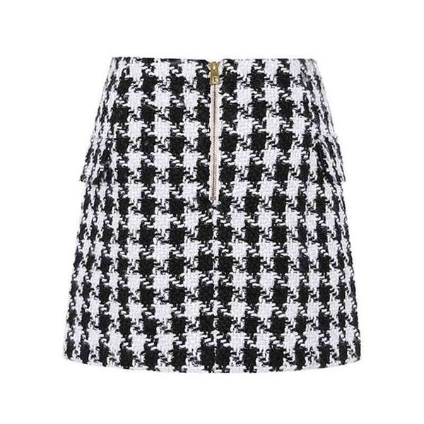 

fashion trend of women's lion buttons double breasted t wool houndstooth mini skirt elegant plaid a line short skirts 210730, Black