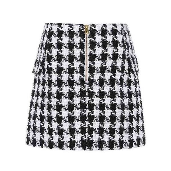 Moda tendência de leão feminino botões duplo breasted t lã houndstooth mini saia elegante xadrez uma linha curto saias 210730