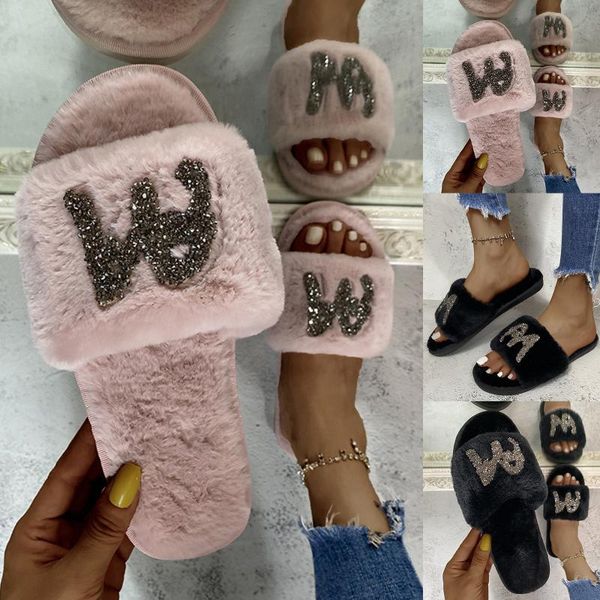 

slippers warm fluffy women faux fur slipper female indoor floor slides flat soft furry house shoes letter flip flops ladies shoe, Black