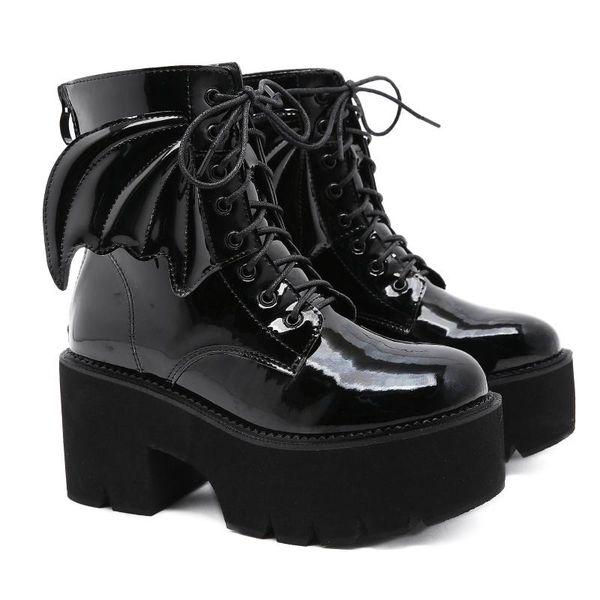 

boots women demon leather block heel gothic black punk style platform shoes female footwear motorcycle