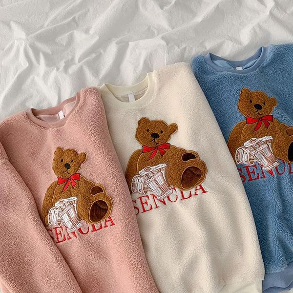 

women's hoodies & sweatshirts lambwools age reduction women winter korean sweet cute bear pattern patch o-neck pullover girl sweatshirt, Black