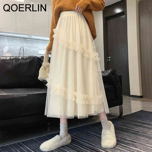 

skirts 2021 vintage ruffles tulle women korean elastic high waist mesh skirts long pleated tutu skirt female jupe longue, Black