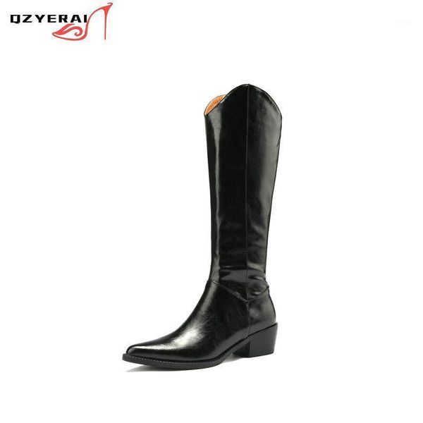 

boots 2021 woman western knee high elegant pointed toe spring autumn handmade cow leather solid color shoes1, Black
