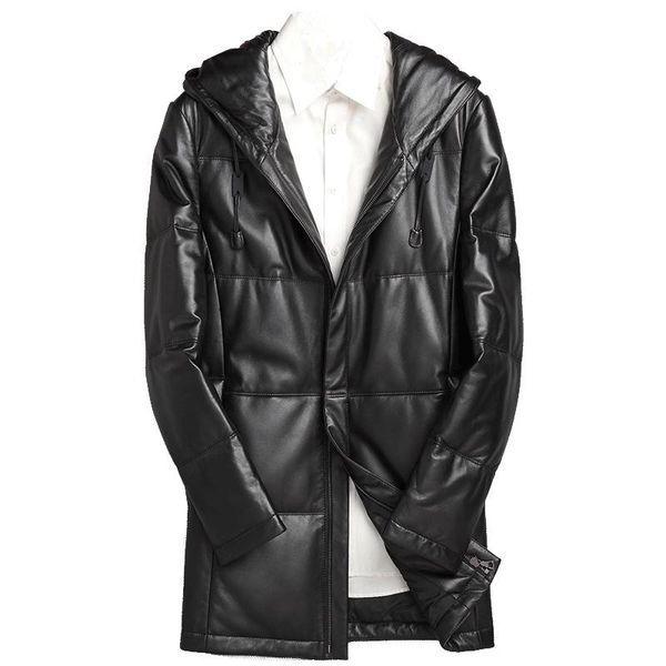 

men's leather & faux genuine jacket men real sheepskin duck down coat winter warm thick plus size 4xl streetwear mf122, Black