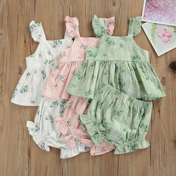 

clothing sets 2pcs baby summer outfit floral print square neck tank + elastic-waist shorts tracksuit for toddlers girls, 0-24 months, White