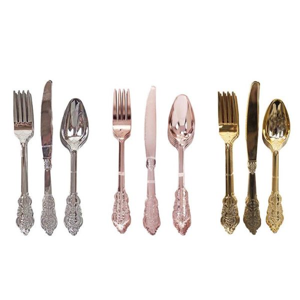 Diminuiço de jantar descartável 12pcs imitação metal plástico ouro prata prateada talheres de talheres de casamentos ocidentais