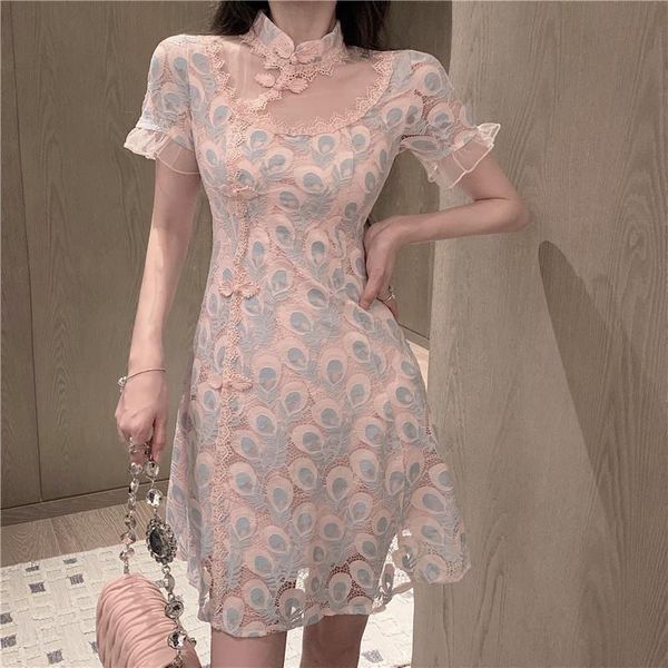 

ethnic clothing french lady retro fashion lace elegant cheongsam qipao dress korean style women sweet print evening gowns vintage vesti, Red
