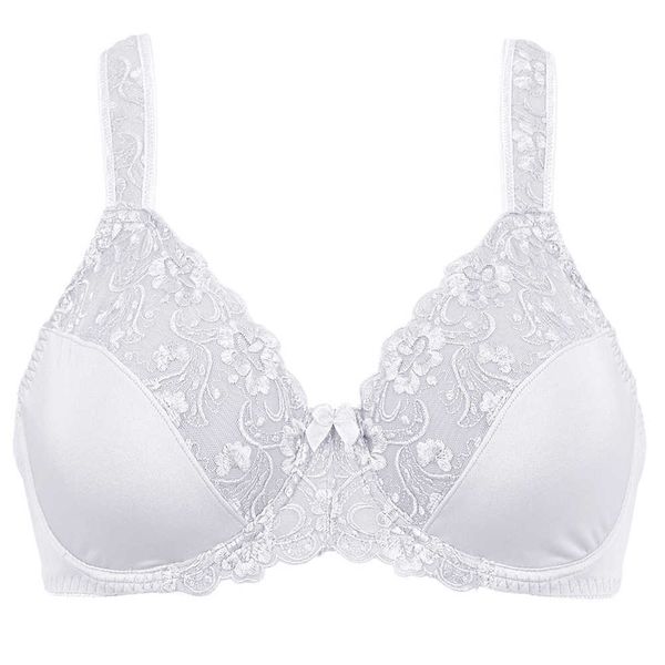 Big Size Mulheres Bra Top Cobertura Completa Minimizer Lace Floral Emprodiery Branco Bralette não acolchoado Underwire C d DD E F G H I 210623