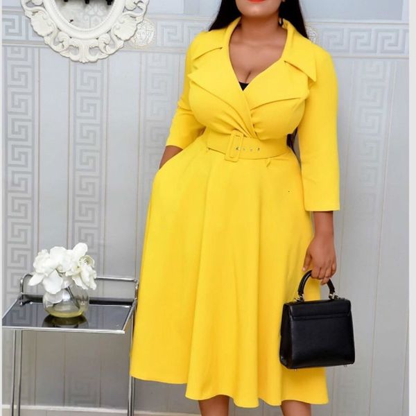 

two piece dress women elegant with waist belt notched long sleeves pleated modest office ladies work wear fashion african female v, White