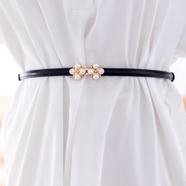 

imifashion thin belts for women imitation pearl gold buckle belt solid color pu leather waistband dress decoration, Black;brown