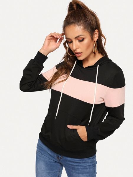 

drawstring color block hoodie x21k#, White;black