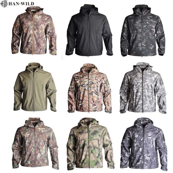 

male jacket outdoor soft shell fleece men's and women's windproof waterproof breathable thermal youth hooded military hunting jack, Camo;black
