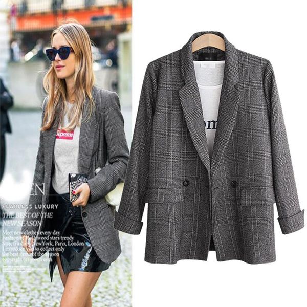 

women's suits & blazers spring autumn women plus size casual loose notched double breasted pockets plaid for larger outerwear, White;black
