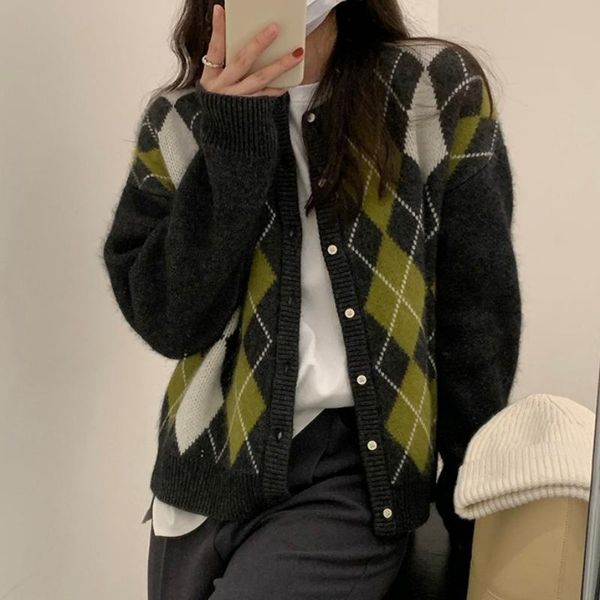 

women's knits & tees england style diamond plaid cashere short knit cardigan retro loose colored sweater outer wear, White