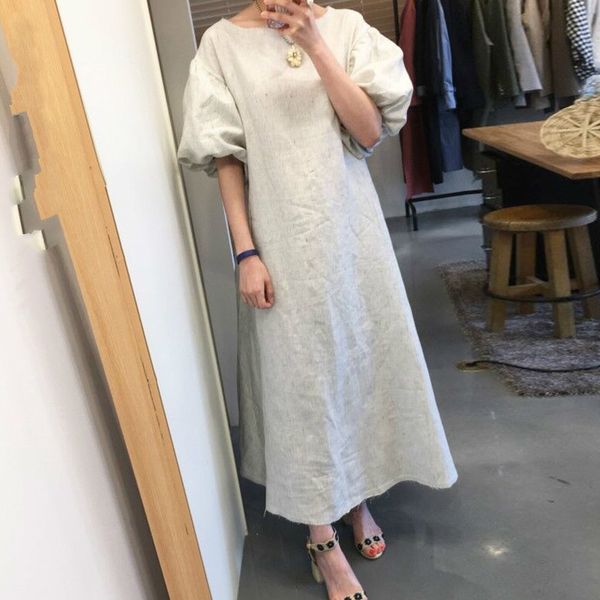 Bahar Vintage Kısa Puf Kol Çizgili O-Boyun Ayak Bileği Uzunlukta İmparatorluğu Bel Kadın A-Line Elbise 210510