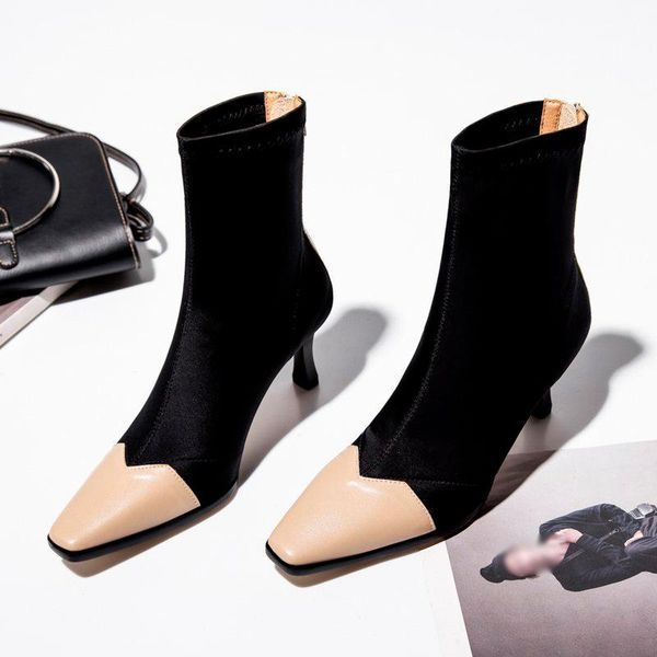 

boots women's ankle pointed toe thin heels female autumn soft warm sock booties for women slip-on platform pumps ladies shoes, Black