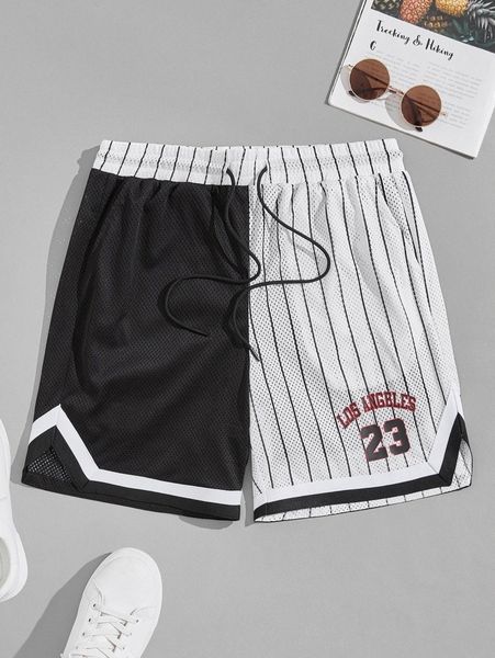

men pinstriped letter graphic contrast tape drawstring shorts h000#, Black