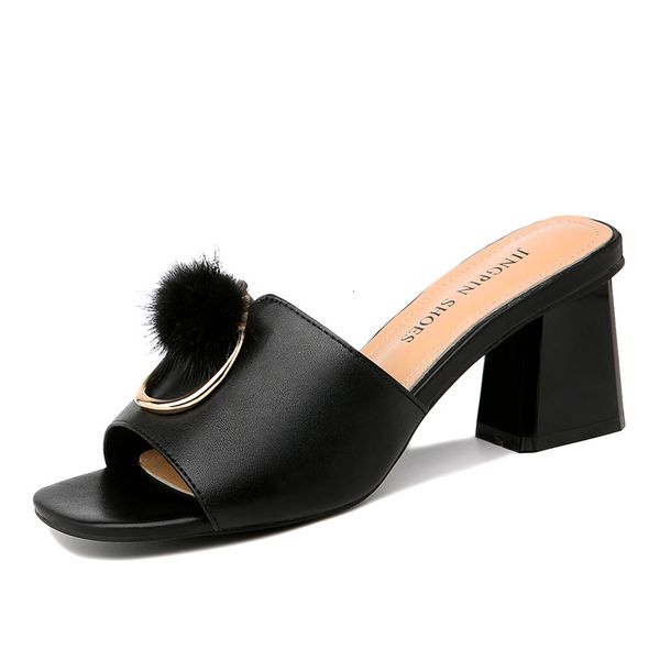 

slippers shoes woman fashion women sandals square heels pu leather summer black 2-141 zc57