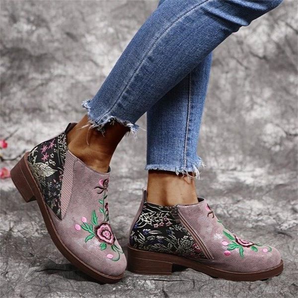 

boots sapatos femininos moda e personalidade elegante cor correspondÃªncia plutÃ´nio requintado bordado dedo do pÃ© redondo botas de salto baix, Black