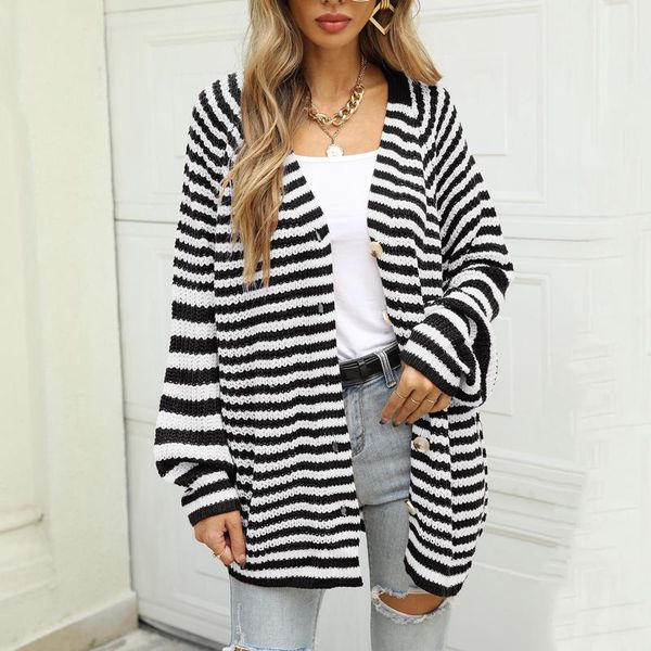 

women's knits & tees preppy style stripe cardigan women v-neck long sleeve knitted sweaters baggy korean retro leisure ins chic fall el, White