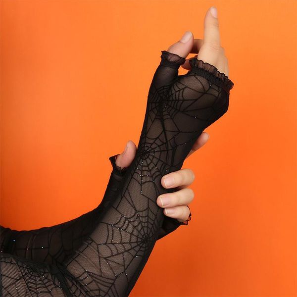 

five fingers gloves gothic punk mittens lace stretchy mesh floral fancy arm sleeve half-finger net yarn sun protection, Blue;gray