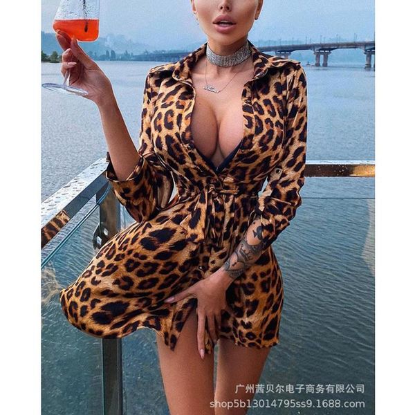 

women's t-shirt mandylandy women leopard print shirt lady elegant fashion long sleeve turn down collar single breasted lace up, White