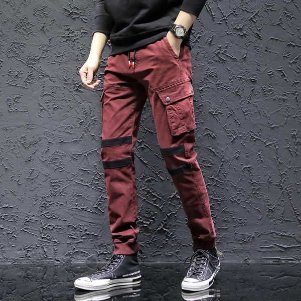 

men's pants fashion autumn and winter cotton multiple bags hip hop long trousers cargo casual versatile straight harem, Black