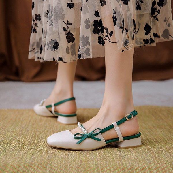 

sandals women's 2021 summer and autumn fashion lady's square toe shallow mouth beaded slip-on back strap small leather shoes, Black