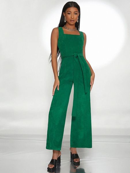 

solid belted cord wide leg jumpsuit t8s0#, White