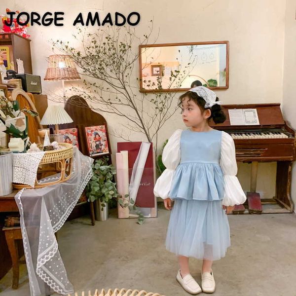 Stile coreano Primavera Vestito da festa per ragazze Maniche lunghe a sbuffo Abiti da torta per matrimoni Abbigliamento per bambini per bambini E698 210610