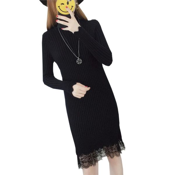 

casual dresses fashion lace knitted sweaters dress female turtleneck medium long slim spring autumn bottom shirt fp1449, Black;gray