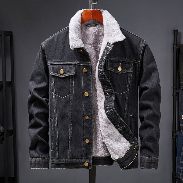 

jackets denim jacket men winter thick velvet warm coat mens cowboy casual jean jackets streetwear fashion windproof coats male, Black;brown